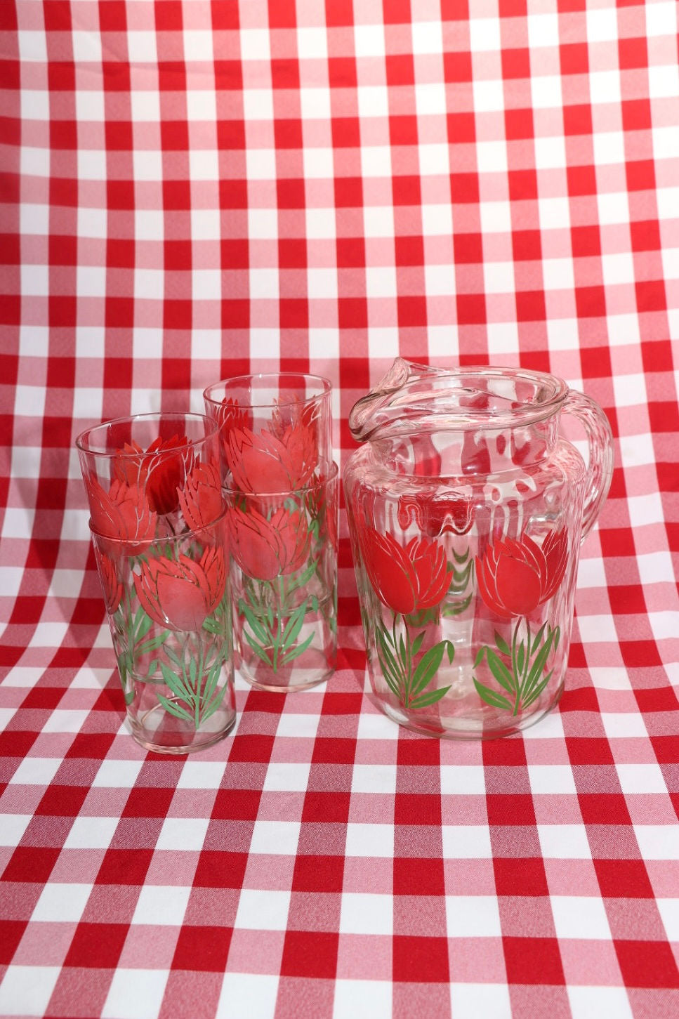 Red Tulip Pitcher and Glasses Set